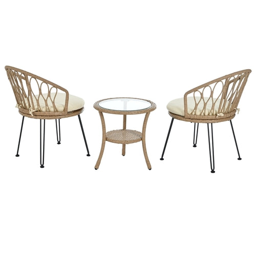 Outdoor Leisure Set, 2 Rattan Single Chairs with A Glass Round Table,