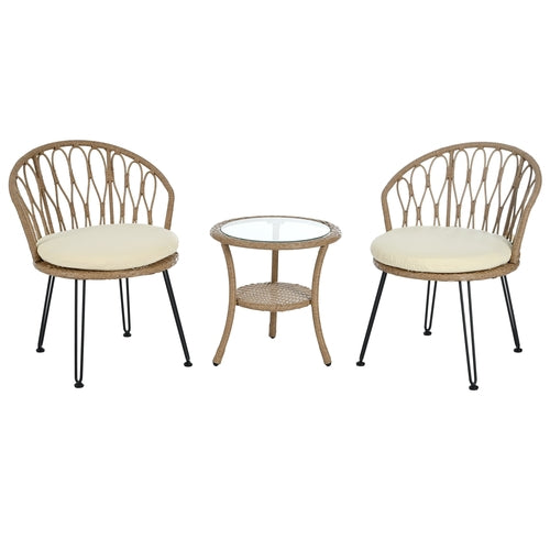 Outdoor Leisure Set, 2 Rattan Single Chairs with A Glass Round Table,