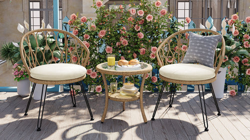 Outdoor Leisure Set, 2 Rattan Single Chairs with A Glass Round Table,